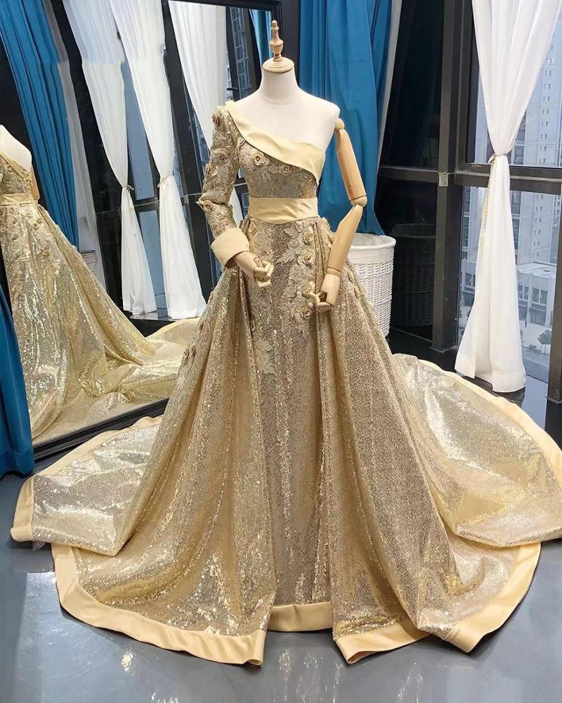 golden 3d flower long sleeve one shoulder dress mermaid evening gown with detachable train
