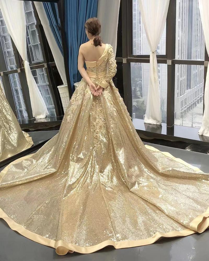 golden 3d flower long sleeve one shoulder dress mermaid evening gown with detachable train - Image 4