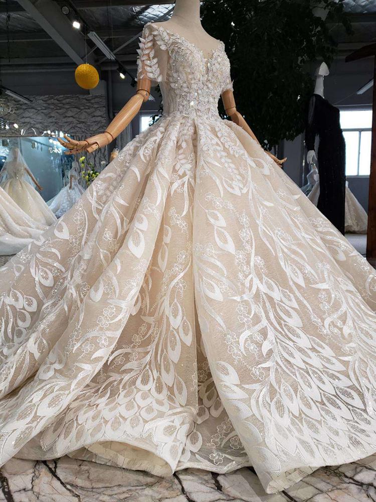 real elegant luxury applique short sleeves champagne wedding