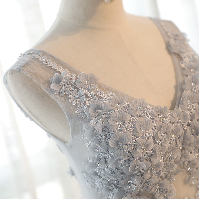 gray 3d flower applique women's elegant v neck bridesmaid dress - Image 7