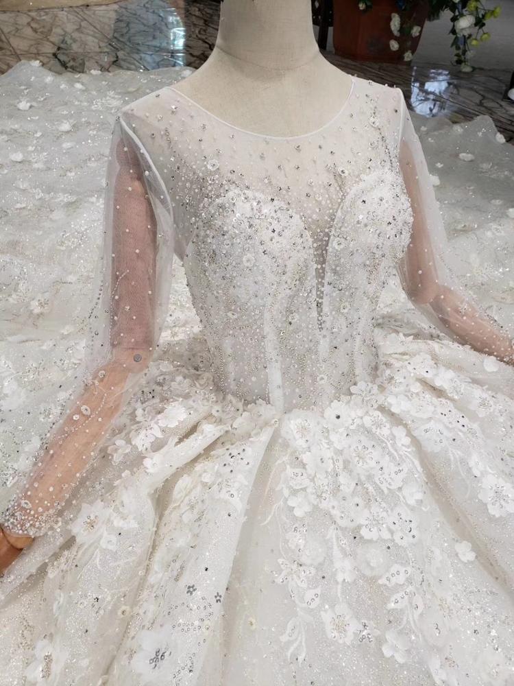 long sleeves flower applique pattern long train wedding dresses