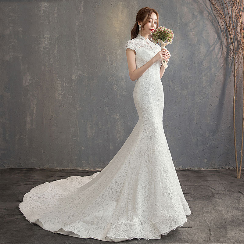 long train appliques pattern mermaid sexy lace wedding dress