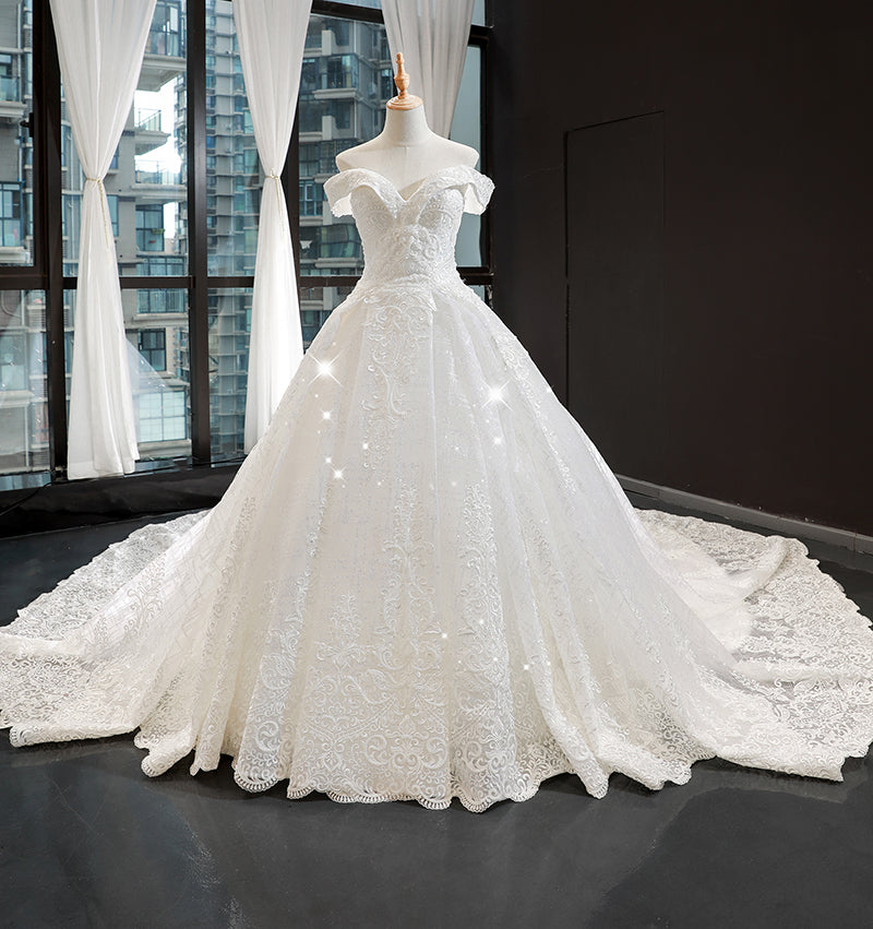 real luxury v neck off shoulder elegant pattern long train high quality wedding dress bridal gown
