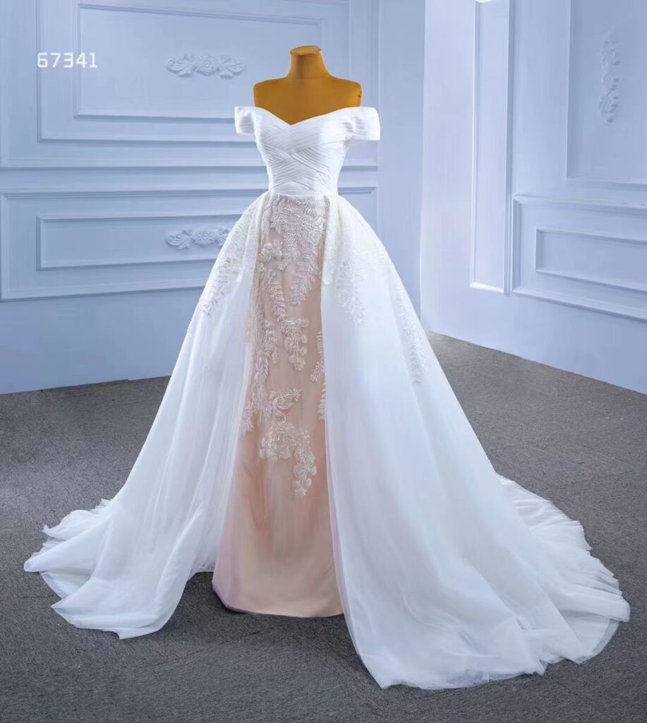 Ladies Elegant White OFF-Shoulder Cross Embroidered Bridal Wedding Dress
