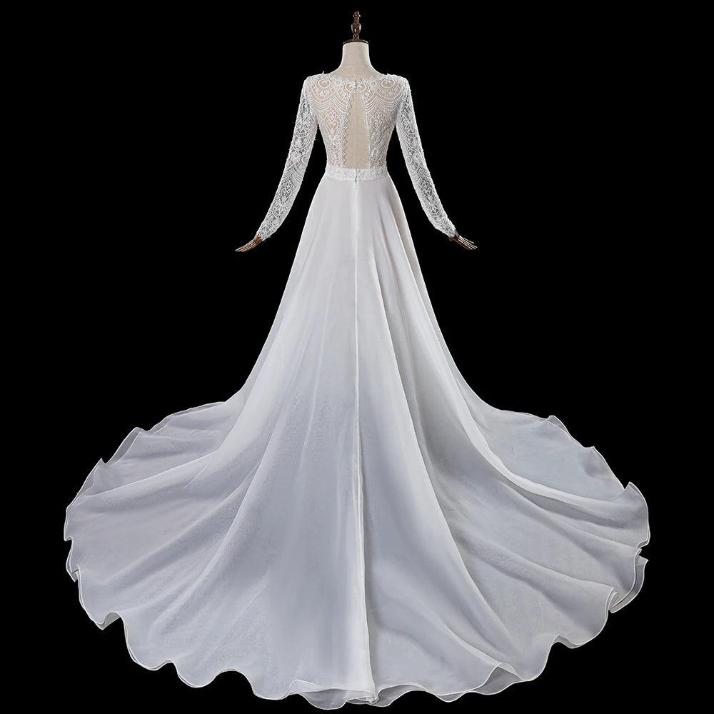 Elegant Lace Long Sleeves Wedding Dress Fluffy V Back Tulle Skirt Bridal Gowns - Image 6
