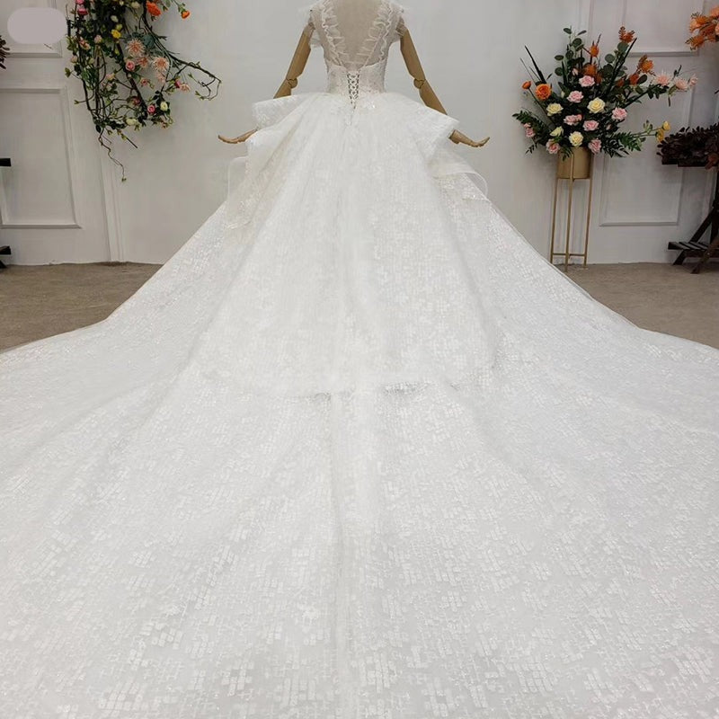 High Neck Lace Applique Cathedral Train Wedding Gown Dress - Image 8
