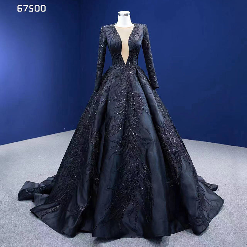 Ladies Evening Dress Latest Design Elegant Long Sleeve Black Beaded Prom Evening Dress - Image 6