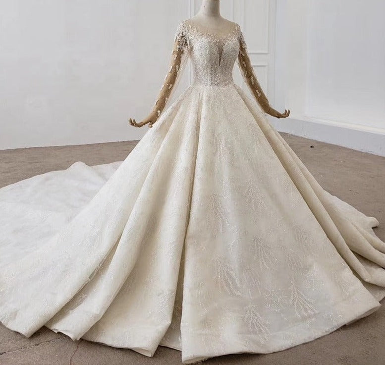 Crystal Lace Long Sleeve Applique Deep V Ball Gown Wedding Dress