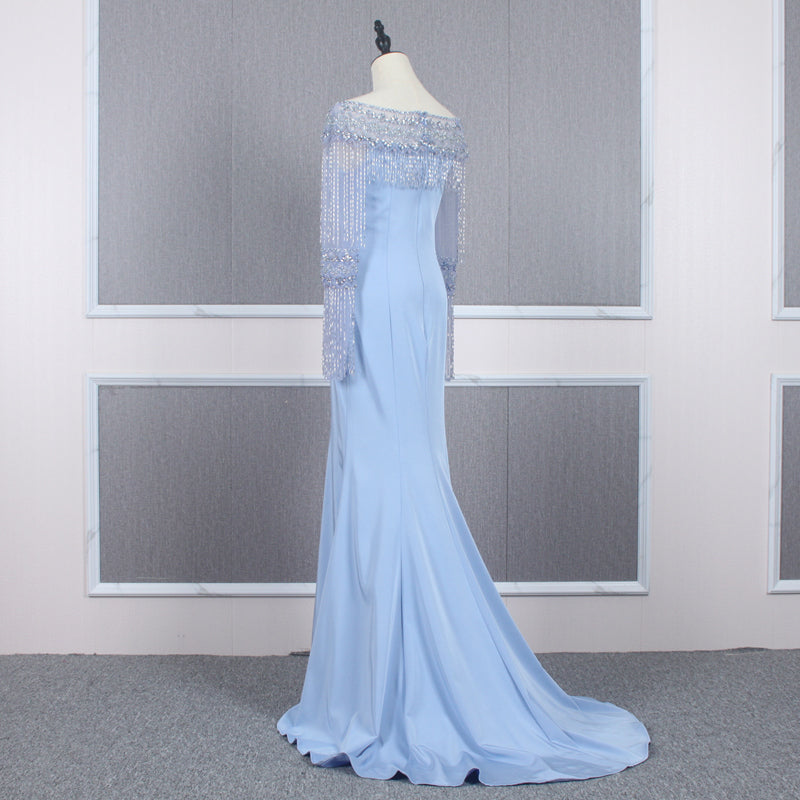Ladies New Elegant Strapless Fringed Sequined Blue Mermaid Evening Dress - Image 5