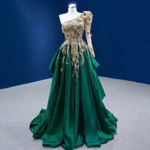 Vintage Elegant Green One Shoulder Prom Gown EveningDress