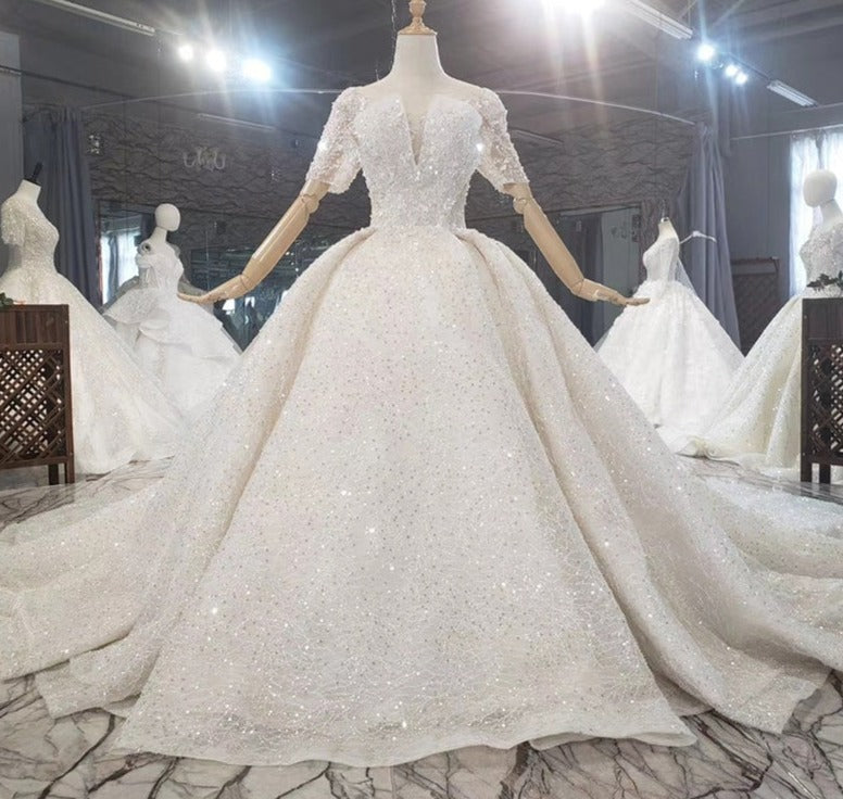 Short Sleeve Beading Luxury Wedding Gown Dress Bridal