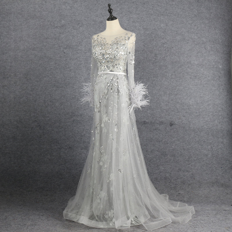 Latest Design Long Sleeve Dress Beaded Feather Trail Long Dress Prom Evening Dress