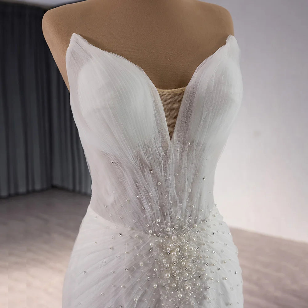 Elegant Mermaid Wedding Dresses Off Shoulder V-Neck Puffy Train Bridal Gowns - Image 5