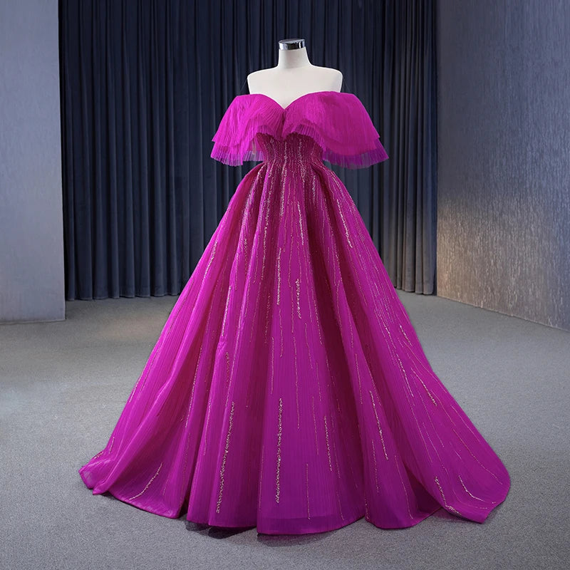 Honeyed Pink Fuchsia Tulle Prom Gowns Formal Evening Dresses Beadings A-Line Dress Floor Length - Image 2