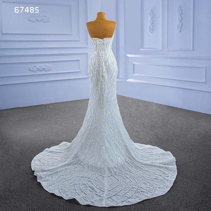 Mermaid Sexy Luxury Beaded White Lace Fabric Bridal Wedding Dress - Image 5
