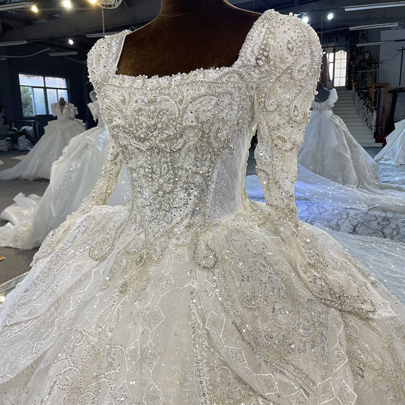 Long Sleeve Royal Train Square Sequined Wedding Ball Gown Dress