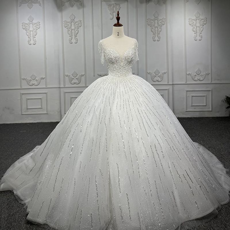 Elegant White Heavily Sequins Beaded Ball Gown Wedding Dresses