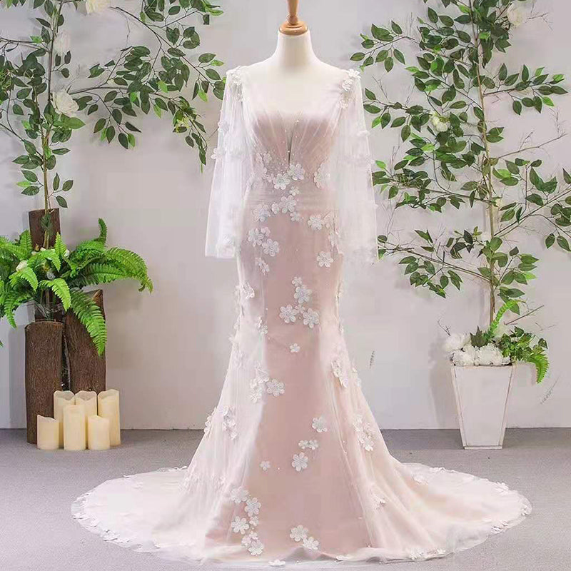 real v neck long sleeves 3D flower romantic mermaid vintage wedding dress