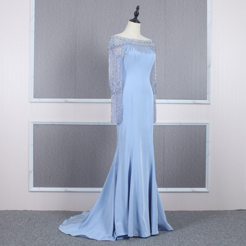 Ladies New Elegant Strapless Fringed Sequined Blue Mermaid Evening Dress