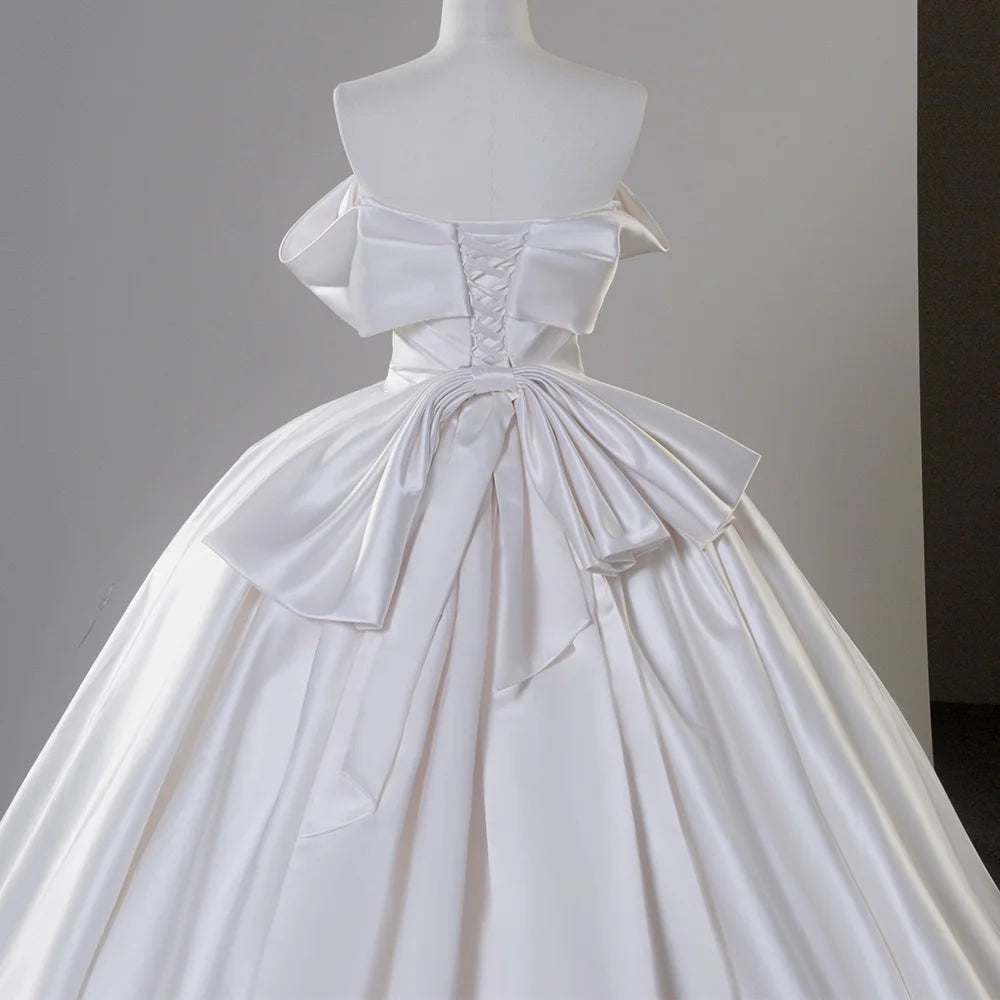 Off-The-Shoulder Wrinkles Satin Wedding Gown For Bride Chapel Train Gowns Women Wedding - Image 2