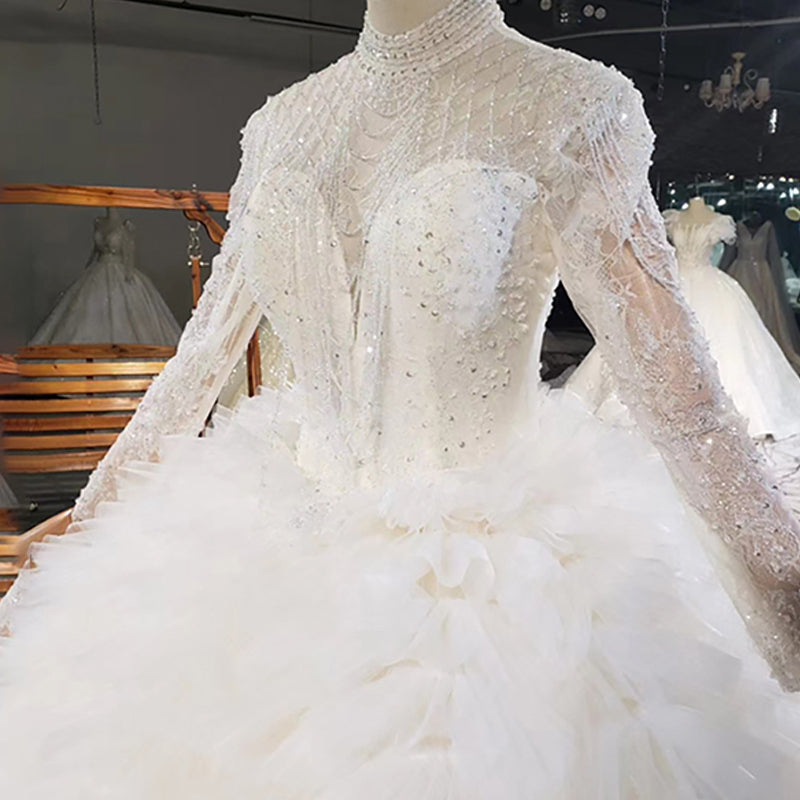 Beautiful High Neck Long Sleeve Sequined Wedding Gown Dress - Image 4
