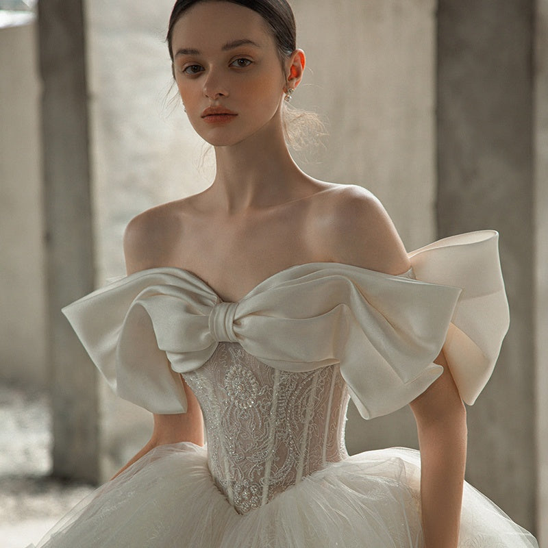 2022 New OFF-Shoulder Satin Bridal Custom Skirt Super Fairy Luxury Long Tail Wedding Dress - Image 3
