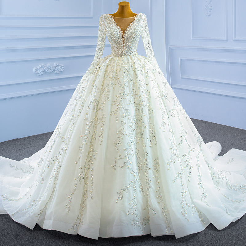 Luxury Heavy Beading Elegant Wedding Dress Long Sleeve Bridal Gown