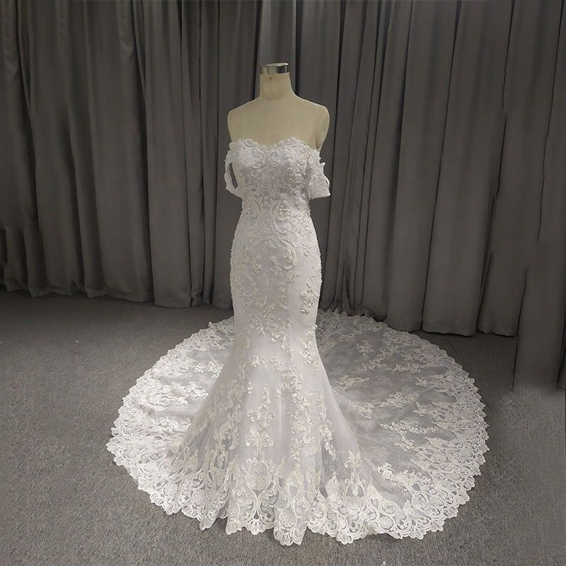 Boho Off Shoulder Lace Applique Mermaid Wedding Dress