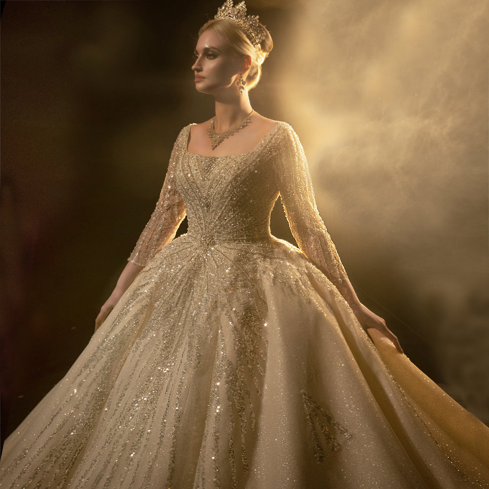 Princess Long Sleeve Bridal Dress Square Neck Beautiful Lace Wedding Beaded Bridal Dress - Image 4