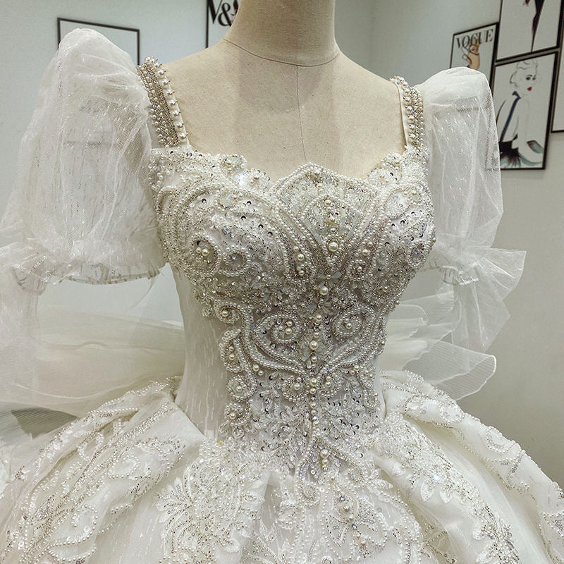Pearls Luxury Square Collar Short Sleeve Ball Gown Wedding Dresses Bridal Gowns - Image 3