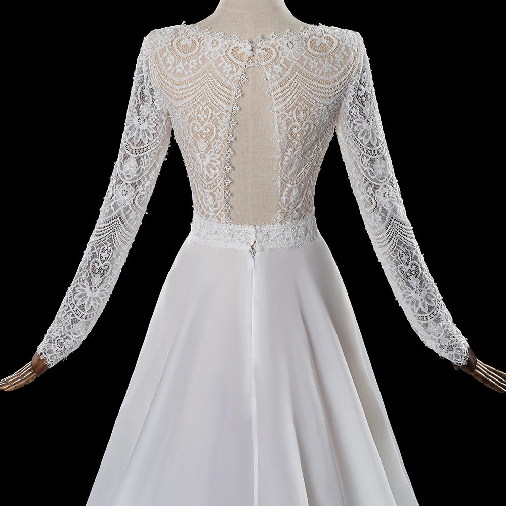 Elegant Lace Long Sleeves Wedding Dress Fluffy V Back Tulle Skirt Bridal Gowns - Image 7