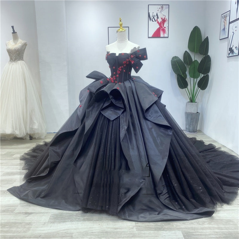 2022 New Ladies Sweetheart Prom Dress Wedding Dress 3D Flower Crystal Beaded Wedding Dress Black