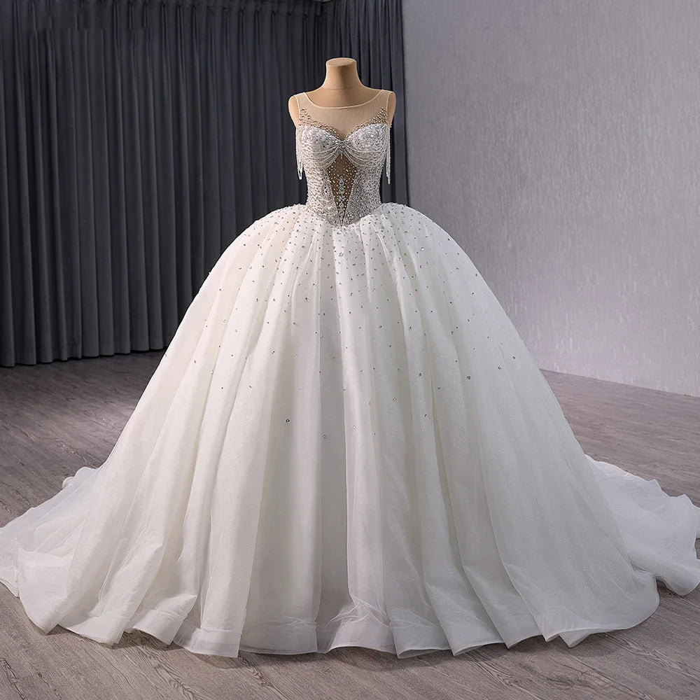 Modern Ball Gowns Wedding Dresses Elegant Lace Up Back Bridal Gowns Sequins Beading Bride Dress