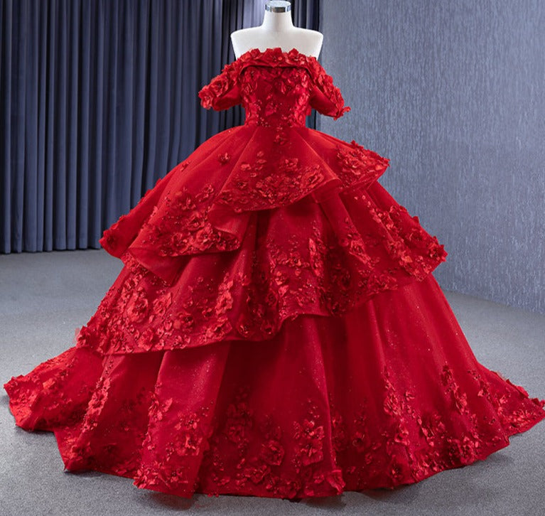 Red Flower Off Shoulder Ball Gown Party Evening Dresses
