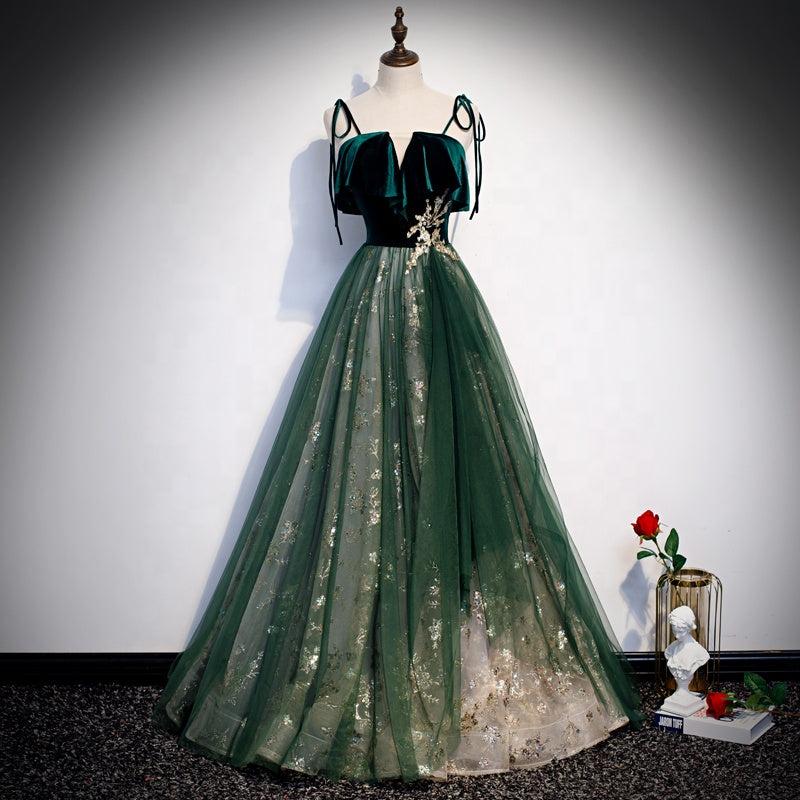 Ladies Luxury Evening Dress Sleeveless Lace Velvet Backless Green Forest Dress