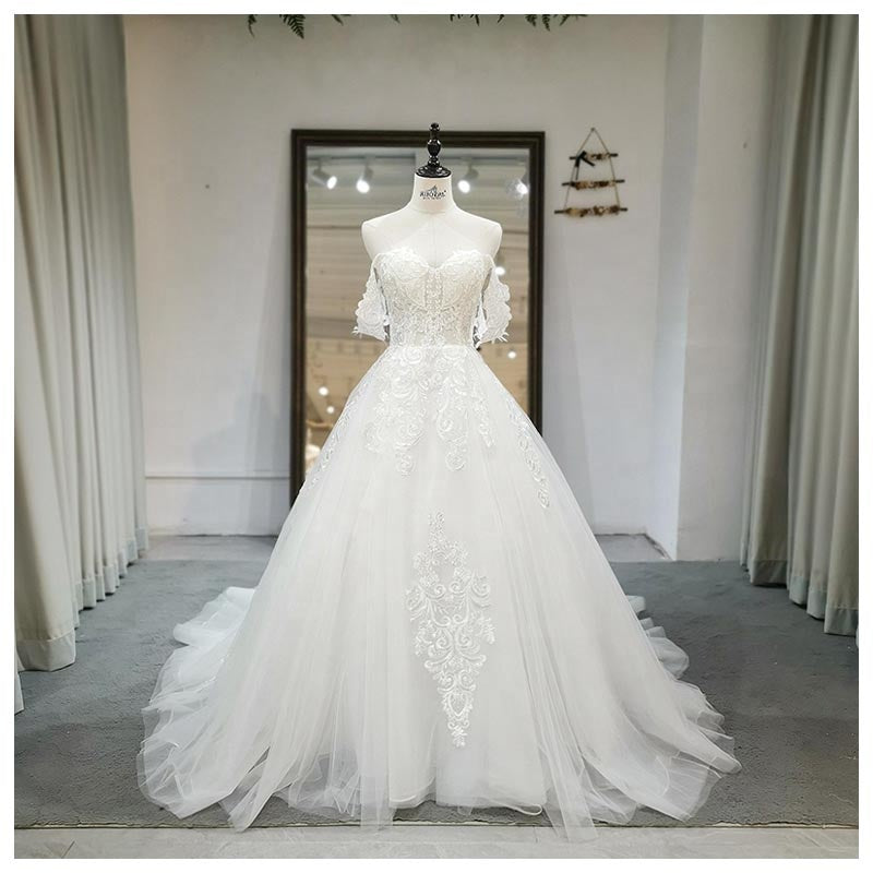 Off Shoulder Lace Ivory Sweetheart wedding Gowns Dress With Tail