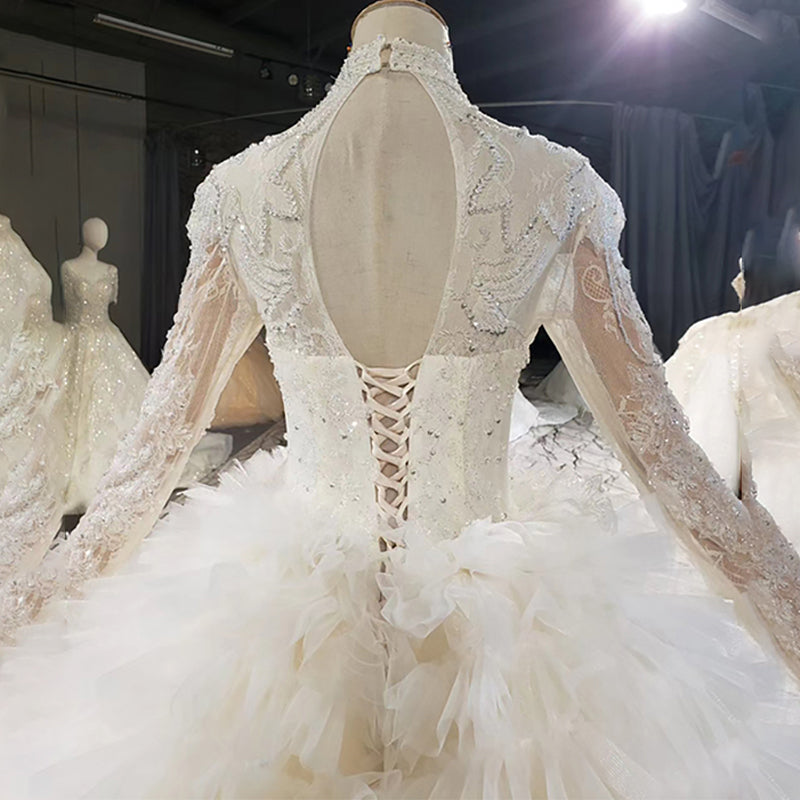 Beautiful High Neck Long Sleeve Sequined Wedding Gown Dress - Image 8