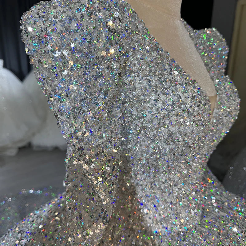 Elegant Ball Gown Long Sleeve Sweet Dresses Puffy Sliver Glitter Wedding Dress - Image 3