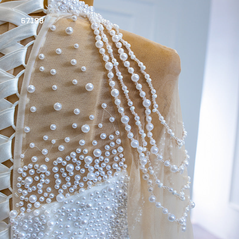 Modest Long Sleeve Elegant Luxury Full Pearl Wedding Dress - Image 8