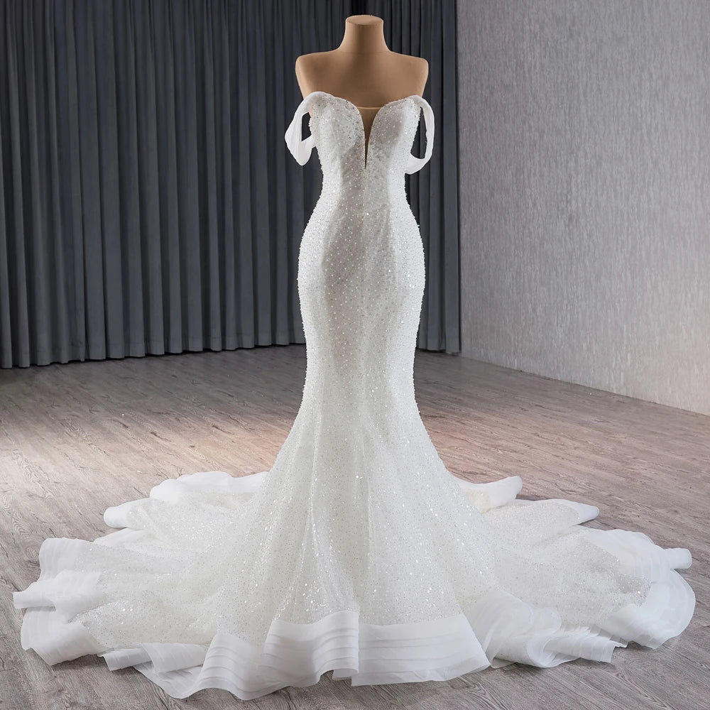 Beach Sweetheart Pearls Slim Mermaid Wedding Dress With Detachable Sleeve