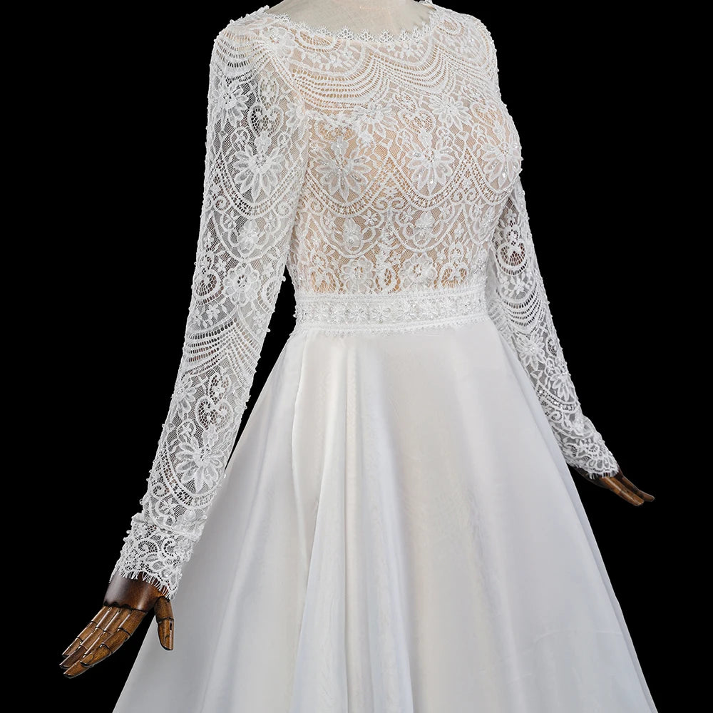 Elegant Lace Long Sleeves Wedding Dress Fluffy V Back Tulle Skirt Bridal Gowns - Image 5
