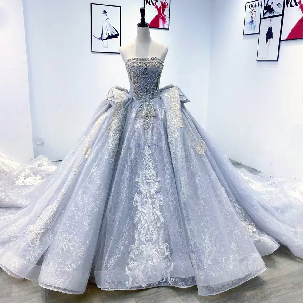 Princess Wedding Gown Main New Summer Luxury Court Fairy Big Trailing Blue Evening Wedding Dress For Bride - Image 3