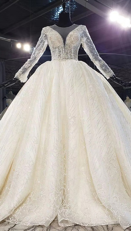 High Quality Luxury Long Sleeve Beading Bride Wedding Dress - Image 2
