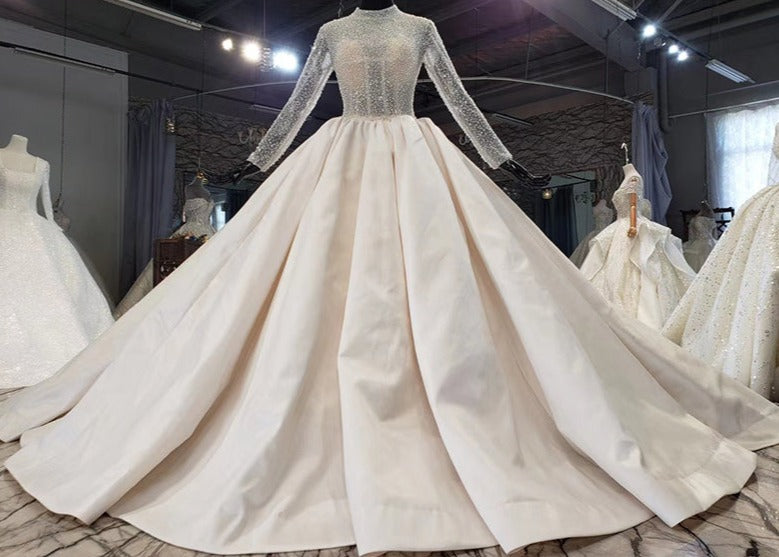 Satin Full Beading Long Sleeve High Neck Wedding Dress Ball Gown