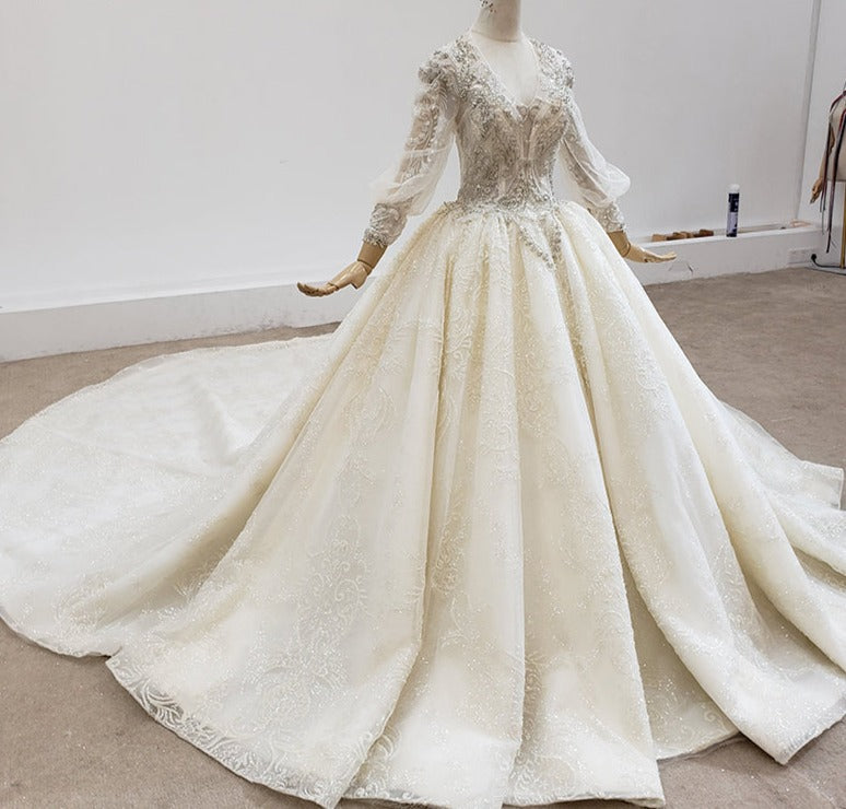 Heavy Beading Lace Long Sleeve Applique Wedding Gown Dress