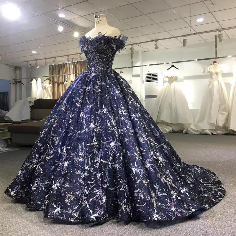Evening Dress Tube Top Feather Dark Blue Applique Elegant