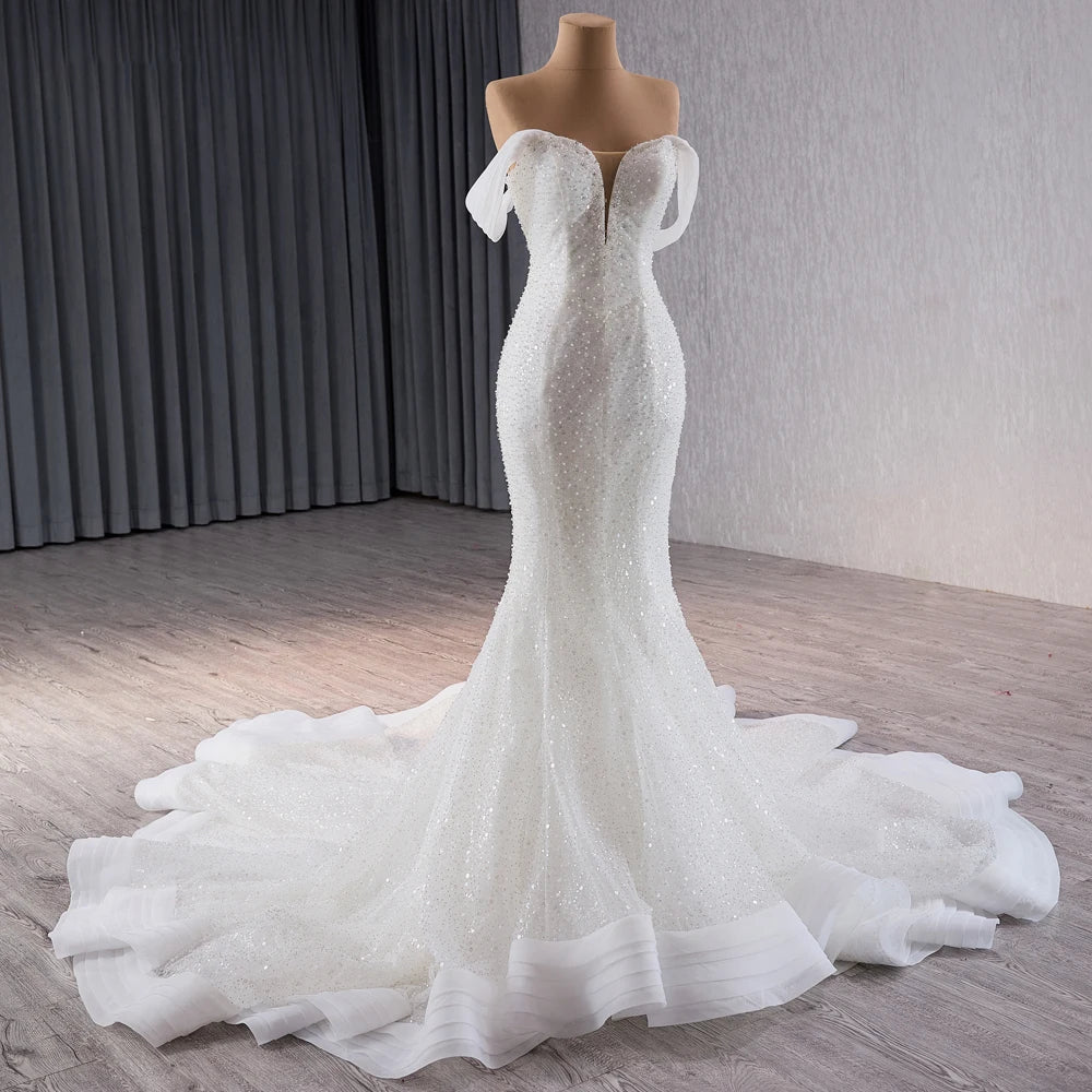 Beach Sweetheart Pearls Slim Mermaid Wedding Dress With Detachable Sleeve - Image 4