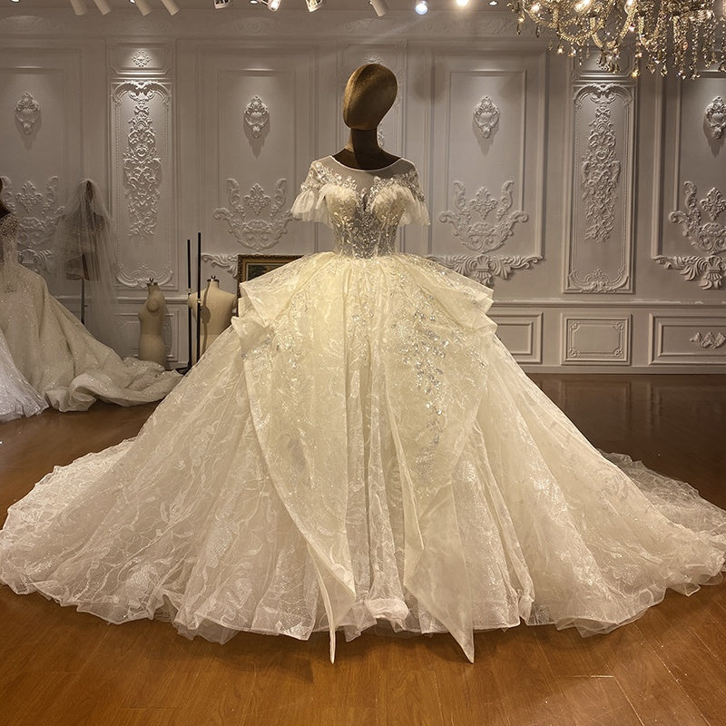 2022 Custom Factory White Short Sleeve Lace Beaded Embroidered Luxury Bridal Wedding Dress