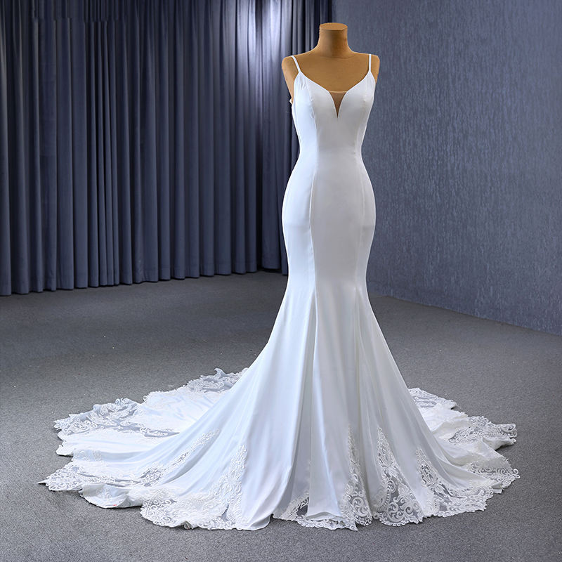 Simple White Mermaid Spaghetti Strap Chapel Train Appliques Wedding Dress