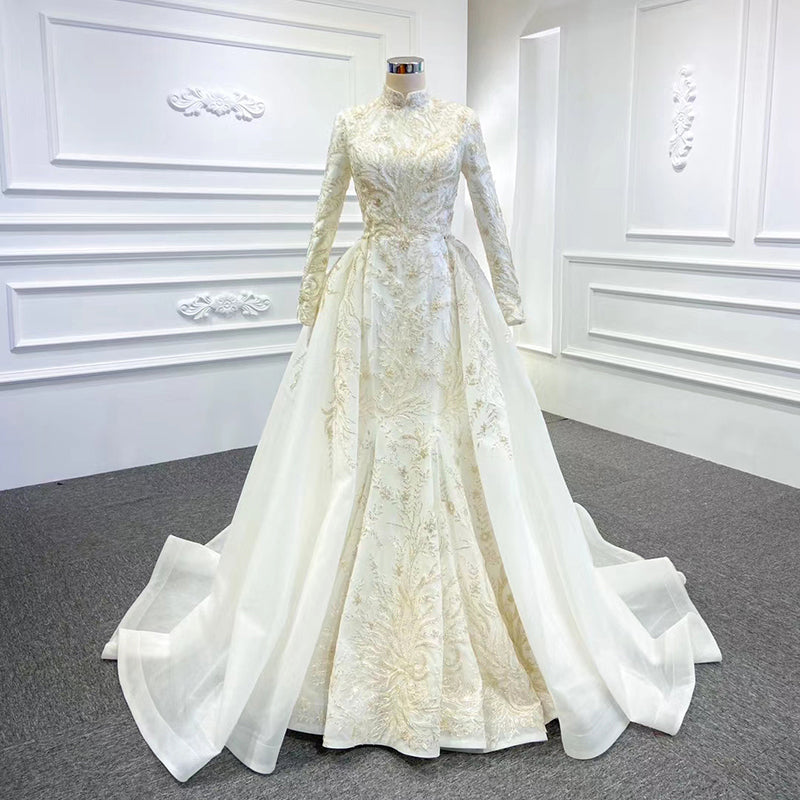 High Neck Long Sleeve Mermaid Quality Detachable Train Wedding Bridal Dress - Image 6